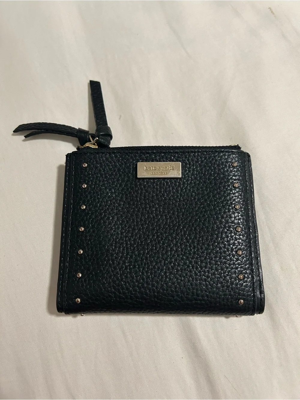 kate spade Black Pebbled Leather Studded Zip Wallet